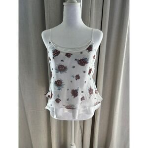 Cami Top woman's S |Medium‎ Ivory Brown Roses Sleeveless Ruffle Hem Lightweight